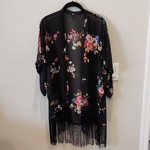 Floral Black Kimono with Fringe